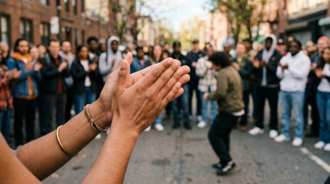A person claps their hands while watching a street performer dance in the city.