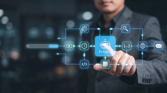 Businessman touching holographic AI agent interface with workflow automation nodes, code generation, database connection, cloud storage, web integration, and modern smart system.