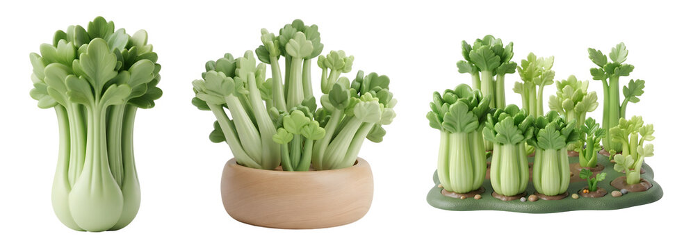 Cute celery stalk vector illustrations featuring fresh green vegetables in wooden bowls and garden plots rendered in a charming style on transparent background