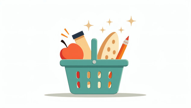 Flat design illustration of a grocery shopping basket filled with fresh apples, bread, and healthy vegetables for retail and ecommerce concepts
