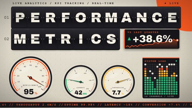 Split flap display performance metrics text animation with dashboard gauges to illustrate corporate key performance indicator tracking.