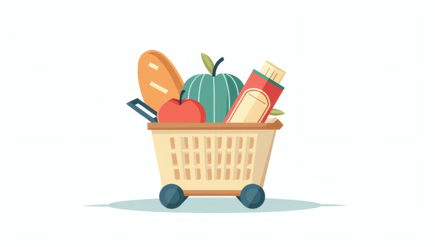 Flat Vector Illustration of a Shopping Basket Filled with Fresh Groceries and Household Goods for Retail Concept
