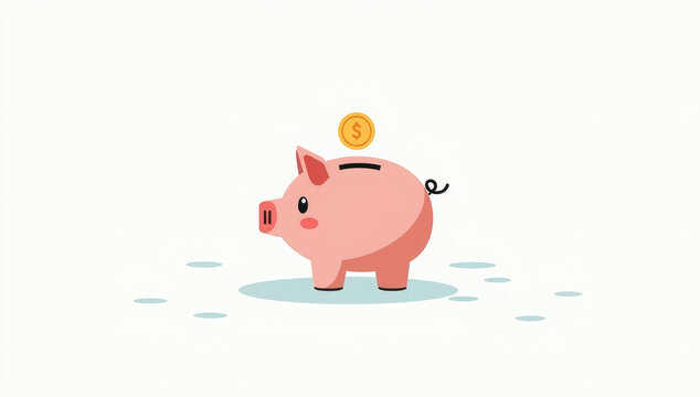 Cute Pink Piggy Bank Illustration with Floating Gold Coin for Financial Savings and Investment Growth Concepts