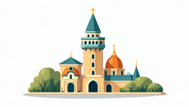Clean vector illustration of a historic architectural landmark with majestic towers, elegant domes, and stylized trees, ideal for travel and cultural heritage design concepts
