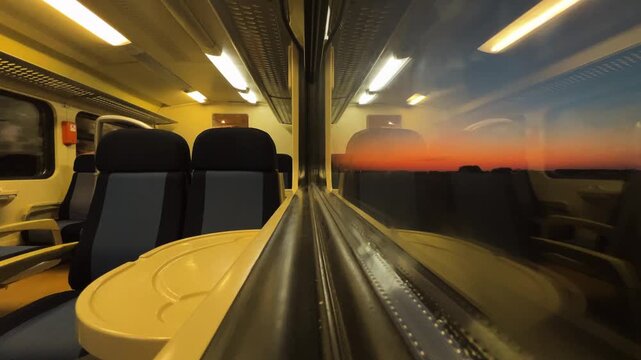 Wide perspective inside a passenger train compartment with overhead lights reflecting off the glass at dusk. Concept of evening rail transit, quiet commuting, and modern travel logistics. 4K.