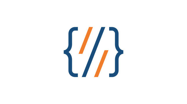 Brackets symbol featuring orange and blue lines represents code syntax and programming logic within a clean design.