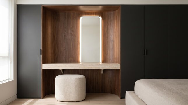 Curved dressing niche within a contemporary wardrobe wall
