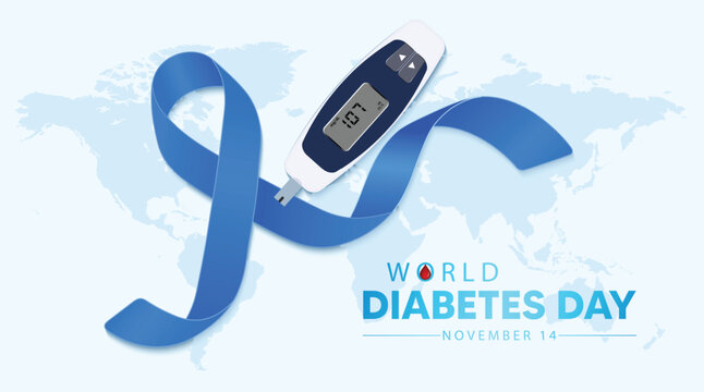 Diabetes Day Awareness Design Featuring Blue Ribbon Glucose Meter Healthcare Symbolism vector Poster