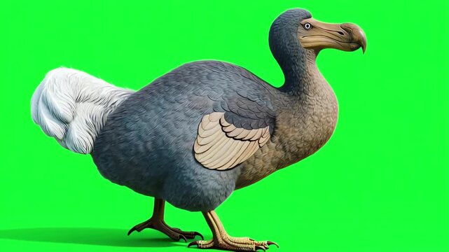 Realistic 3D animation of an extinct dodo bird walking and looking around curiously on a bright green screen background