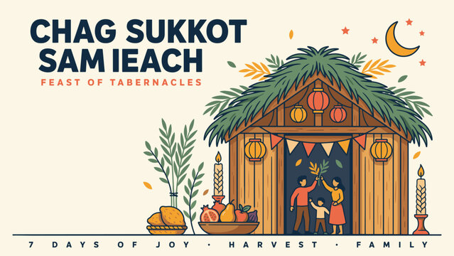 Chag Sukkot Feast of Tabernacles illustration featuring a family in a decorated sukkah hut with harvest fruits and candles for jewish and holiday Projects lantern pomegranate candle palm branch
