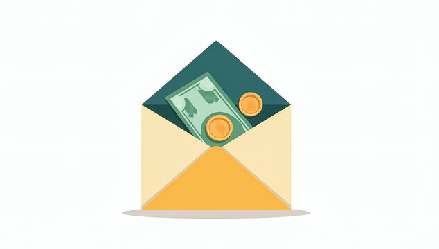 An open envelope containing money and gold coins representing financial success and cash reward