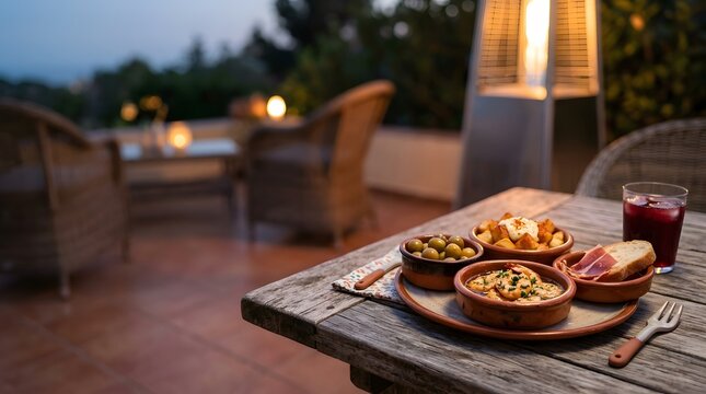 Close up of tapas and wine on a rustic wooden table at a twilight patio setting.