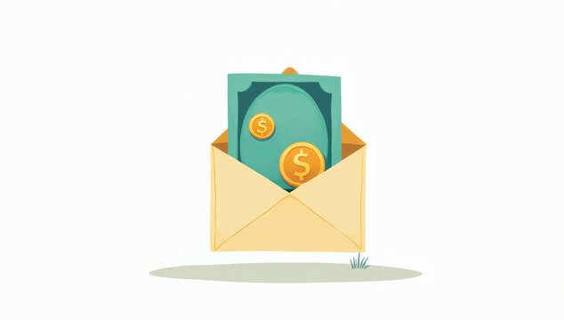Open envelope containing paper money banknotes and golden dollar coins vector illustration