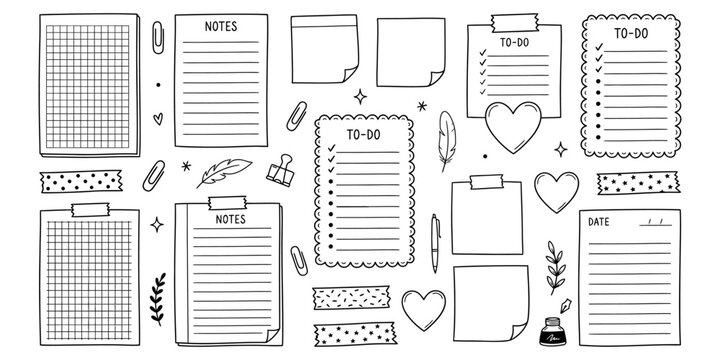 Set of hand drawn stationery elements, notes, todo lists, paper sheets, washi tape and decorative items