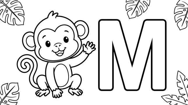 Educational coloring page for children featuring a cute monkey character and the letter m with tropical leaves