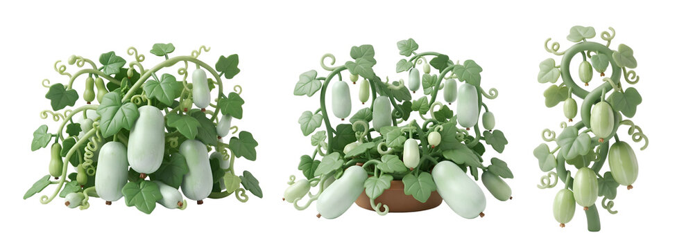 Winter melon vegetable plants featuring green fruits leaves and vines isolated on transparent background