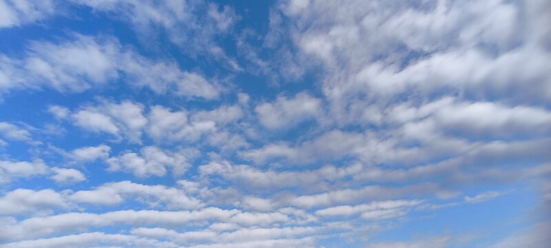 White clouds tinged with light gray floating in the sky.