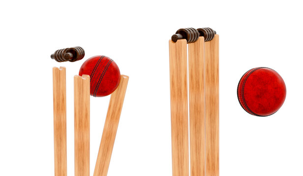 Red Shiny Cricket Leather Ball with Wooden Stumps and Bails Side View Isolated Transparent Sports Photo