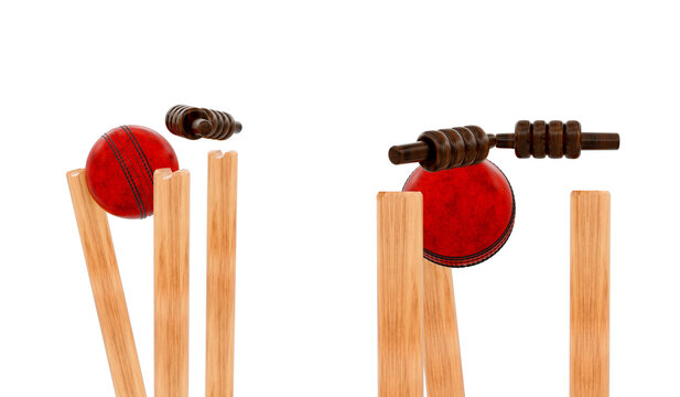 Red Shiny Cricket Leather Ball Hitting Wooden Stumps and Bails Side View Isolated Transparent Sports Photo