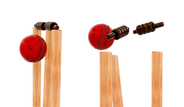 Red Shiny Cricket Leather Ball with Wooden Stumps and Bails Side View Isolated Transparent Sports Photo
