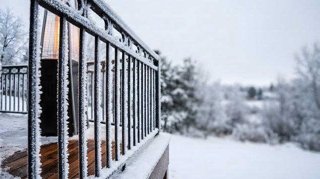frosty winter morning view from a balcony with iced metal railing.