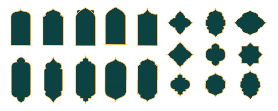 Collection of islamic themed decorative frames borders and lanterns in green and gold colors.  blank for islamic shape template vector. vector illustration. 