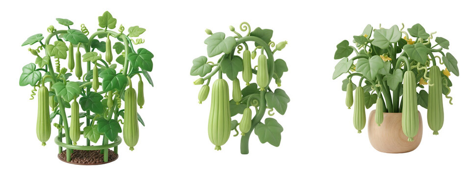Vibrant 3d illustration set featuring fresh green luffa vegetable plants with hanging gourds and broad leaves cultivated in pots on transparent background