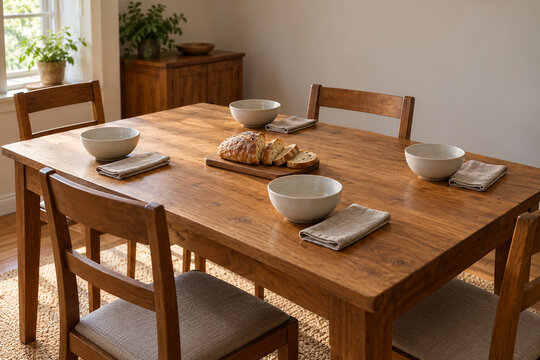 Home dining table with four ceramic bowl settings