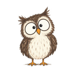 Obraz premium Hand-drawn cartoon owl standing on transparent background. Cute woodland animal illustration. Children’s book character and nursery decor. Educational wildlife design. Funny clipart