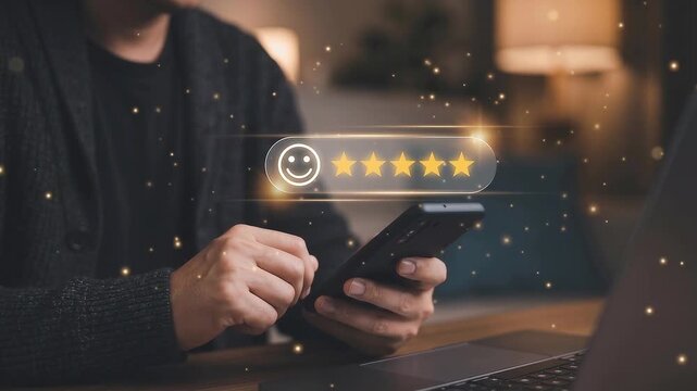 Man using smartphone to give top five star rating and smiling face review, showing customer service excellence, feedback, and positive satisfaction.