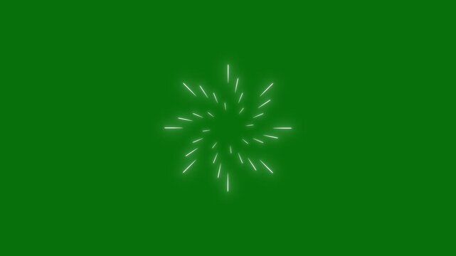 Abstract fireworks circle explosion with glowing lines dynamic burst animation, shiny line blast motion graphics on a green screen background, 4k loop for celebration and events overlays