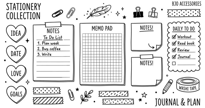 Stationery collection, journal, and plan doodle vector illustration