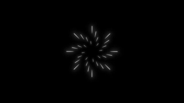 Abstract fireworks circle explosion with glowing lines dynamic burst animation, shiny line blast motion graphics on a black screen background, 4k loop for celebration and events overlays