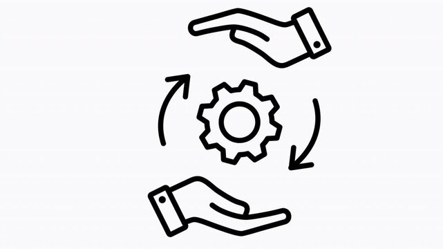 Animated change management line icon featuring a moving hand controlling exchange arrows around a rotating gear process transformation. Outline style, isolated on a white background in 4K resolution. 