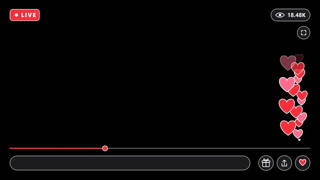 Horizontal Live Stream Overlay with Floating Hearts Column, Live Badge and Action Buttons, Black Background