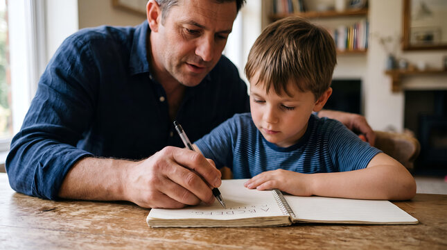 Father helping young son write letters in notebook at wooden table indoors