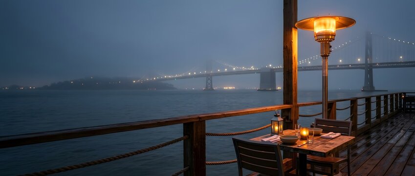 Cozy Outdoor Dining with a Stunning Bay Bridge View on a Foggy Evening.