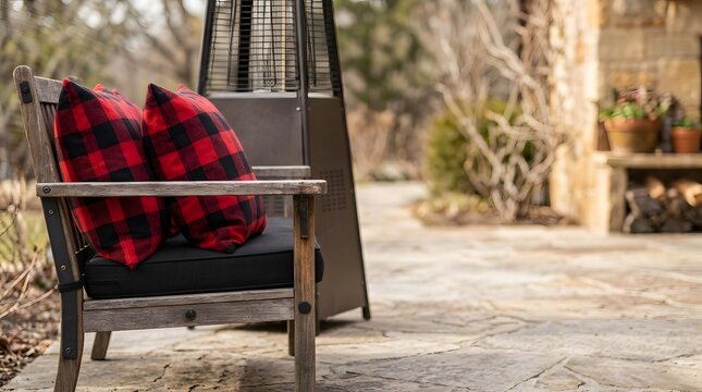 Cozy outdoor patio with wooden armchair, red plaid pillows, and heater.