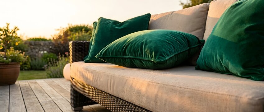 Cozy outdoor sofa adorned with vibrant green velvet cushions on a wooden deck at sunset.