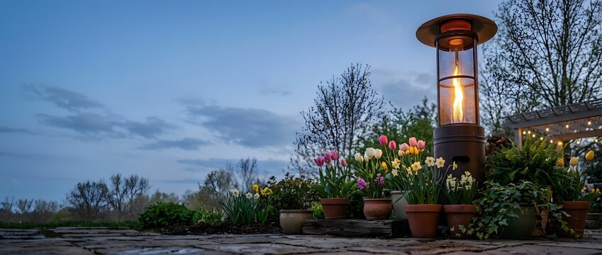 Evening garden ambiance with a glowing patio heater, flowers, and bare trees under a twilight sky.