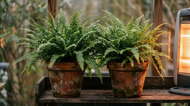 Potted green ferns placed on a wooden shelf next to a space heater inside a greenhouse.