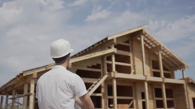A man engineer in a white construction helmet stands with his back to the camera next to large wooden cottage under construction, he holds a project in his hands and monitors the progress of works.