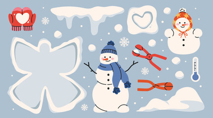 Fototapeta premium Winter Snowman and Snow Activities Set