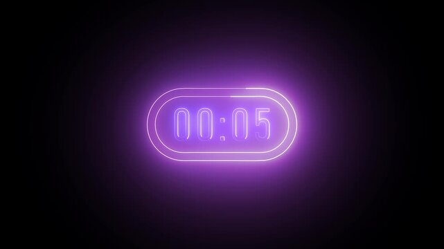 A neon 60-second countdown icon glows vividly with a bright circular progress ring shrinking steadily, digits updating each second, and a soft pulsating electric glow emphasizing the countdown.