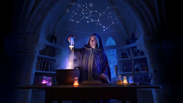 Mysterious Wizard Brewing Potion Under Constellations