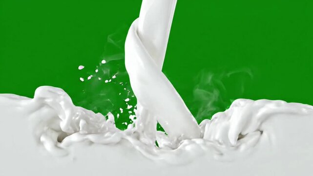 White fresh milk stream pouring and splashing with drops on chroma key green screen background for dairy product advertisement.