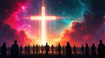 Fototapeta premium Crowd of people silhouettes look up at huge glowing cross in colorful nebula sky. Spiritual community worships divine light amidst cosmic clouds. Faith, hope, religious celebration in dreamlike