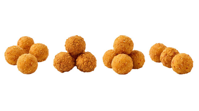 Four distinct clusters of golden-brown crispy fried spherical breaded snack items featuring rough textured surfaces, arranged in four separate small groupings isolated on a transparent background