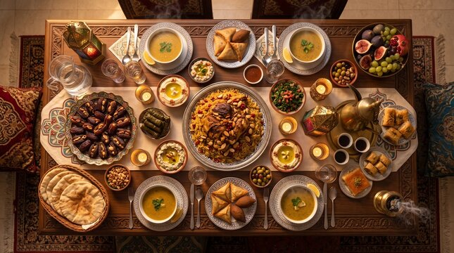 Middle Eastern Iftar Feast with Mandi Rice, Dates, Soup, and Traditional Arabic Appetizers on Wooden Table