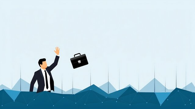A professional businessman waving goodbye while casting away his corporate briefcase into a deep blue sea of fluctuating economic trends